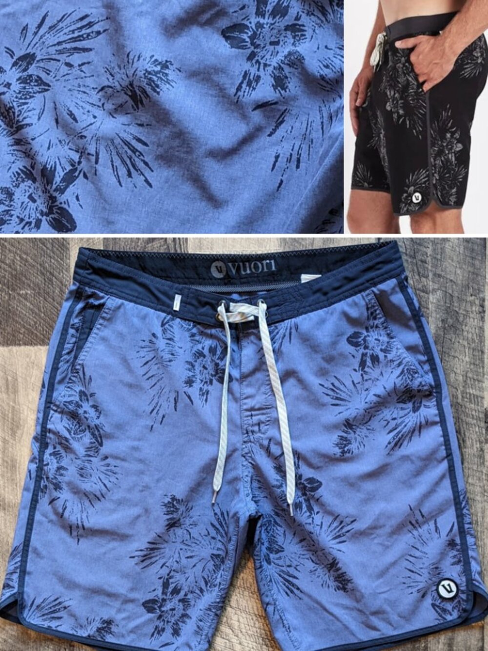 Vuori Cruise Board Shorts Blue Floral Hawaiian Print Swim Trunks